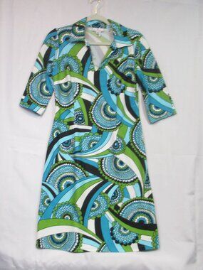 Jude Connally Michelle Green Teal Geometric Shift Dress 3/4 Sleeve Size Medium